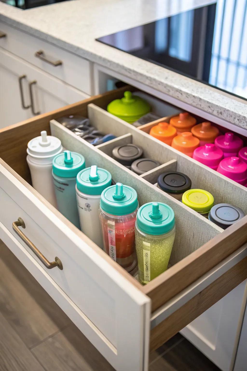 Custom drawer inserts provide an organized space for blending bottles.