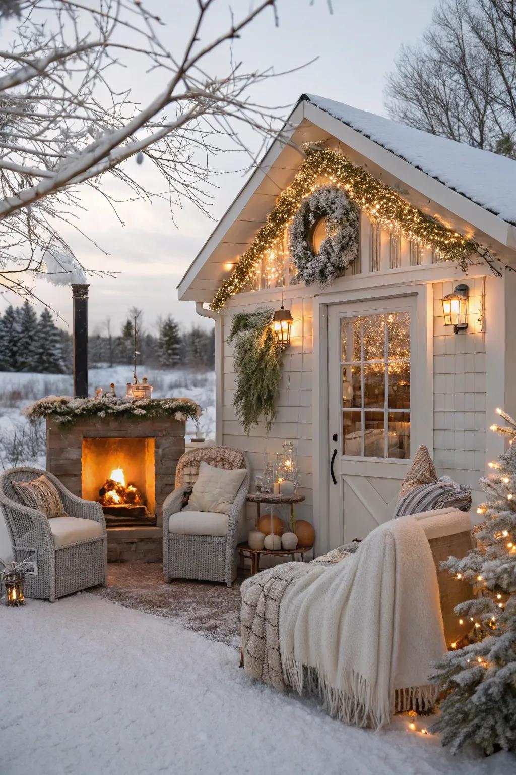 A comfortable winter-themed getaway inside a she shed.