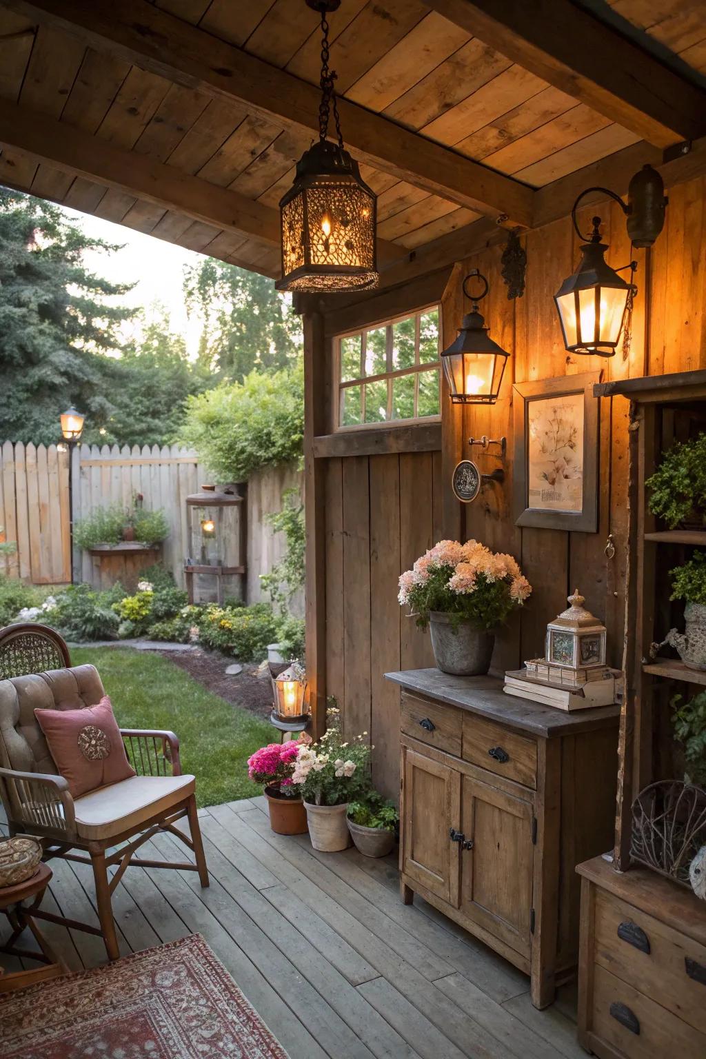 Convert your she shed into a rustic hideaway, incorporating salvaged wood and vintage appeal.