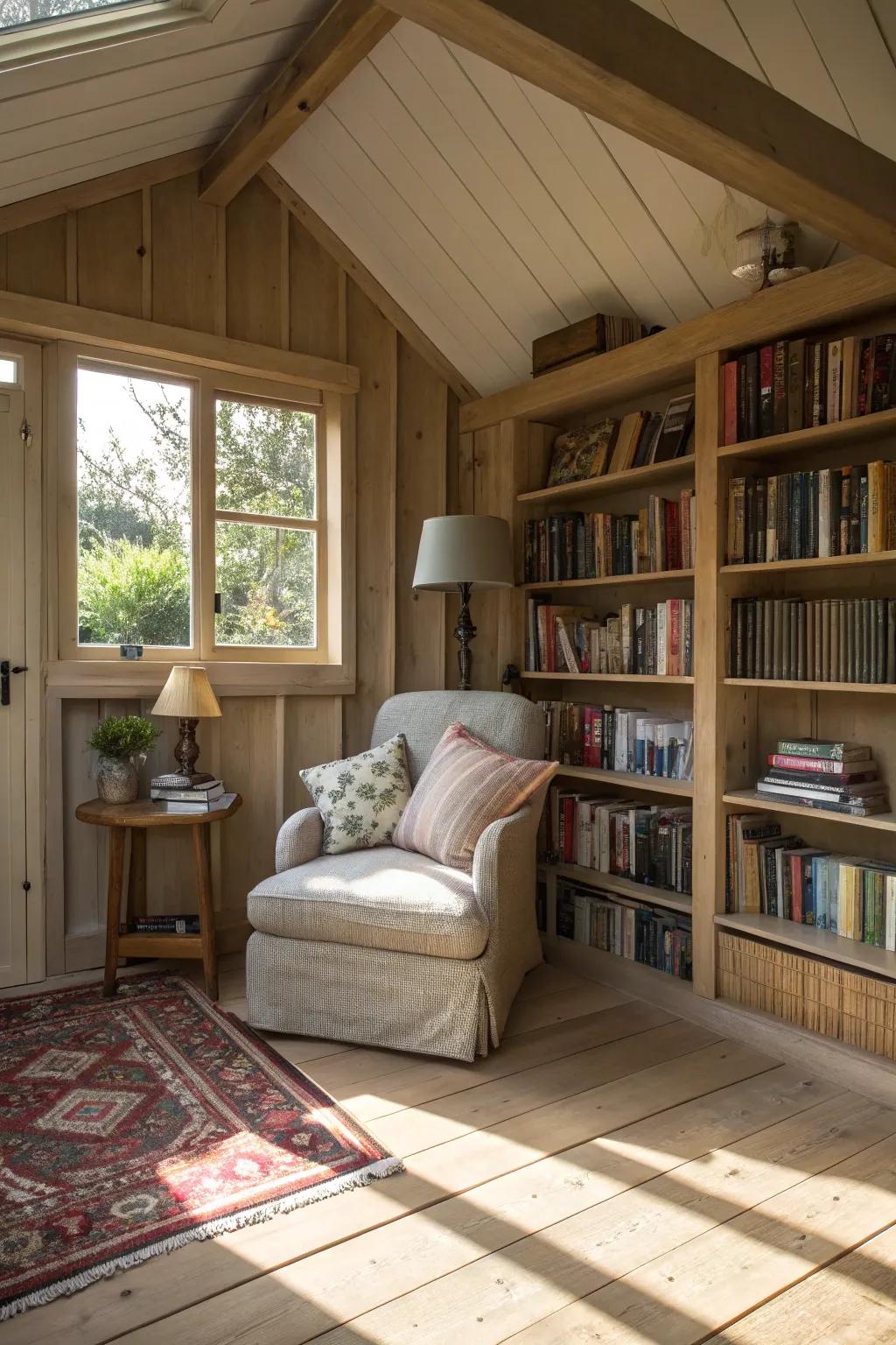 A dedicated reading nook makes your shed bedroom a haven for book lovers.
