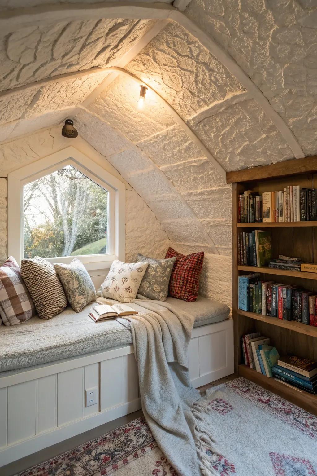 A textured plaster ceiling injects comfort into a reading alcove.
