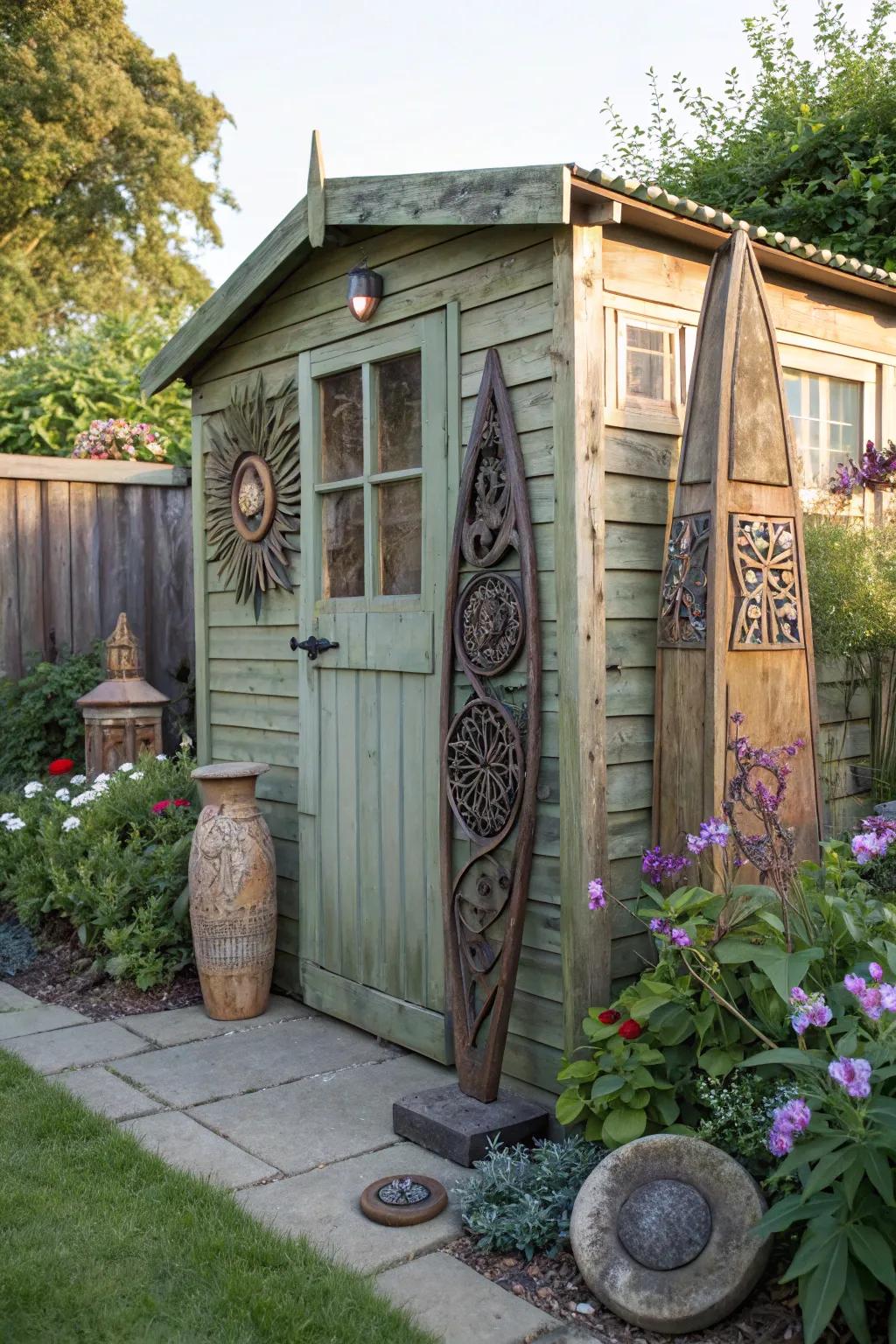 A garden shed highlighted through unique outdoor artistry.