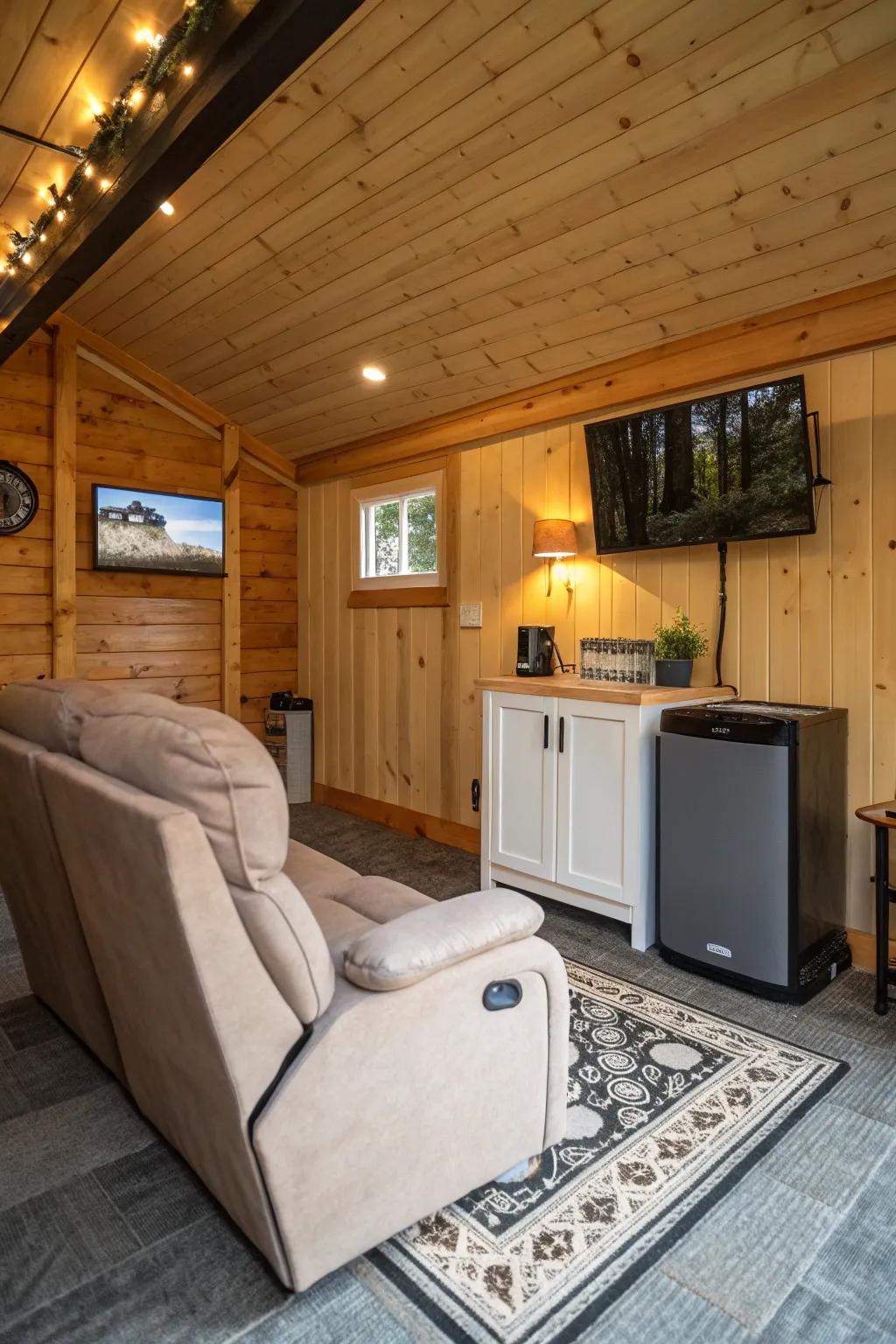 A shed redesigned as a personal man cave.