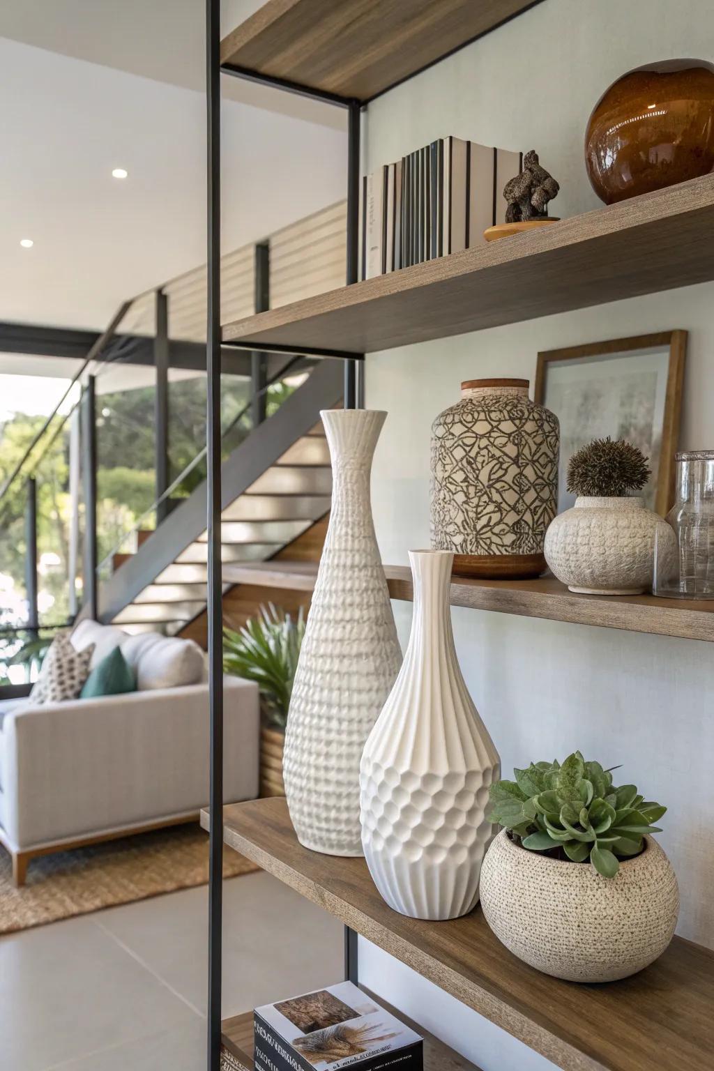 Diversifying item altitudes lends visual fascination to shelves.