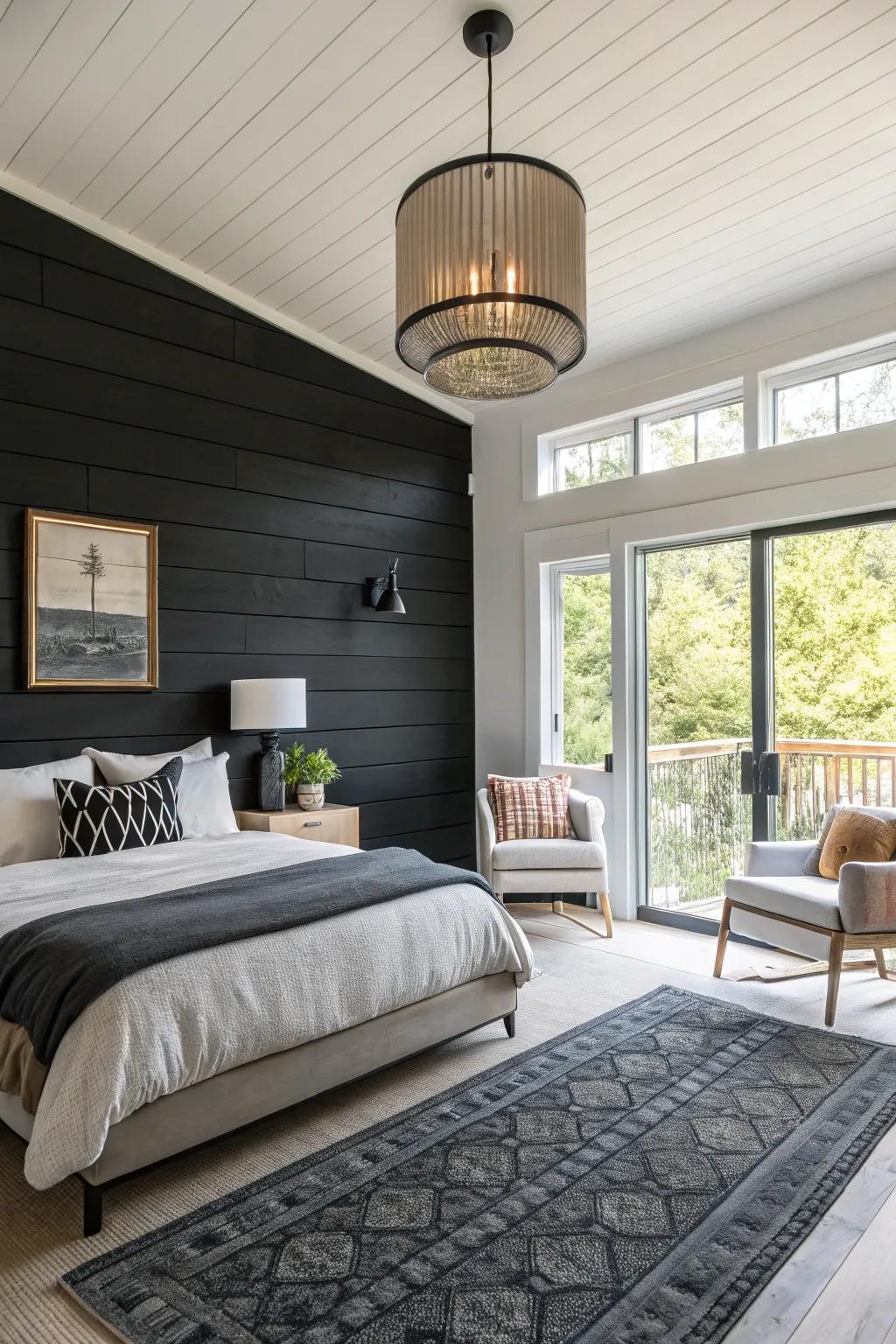 A black shiplap wall delivers drama and refinement.