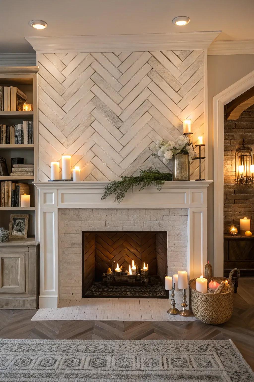 Herringbone-patterned shiplap imparts an air of sophistication to the fireplace.