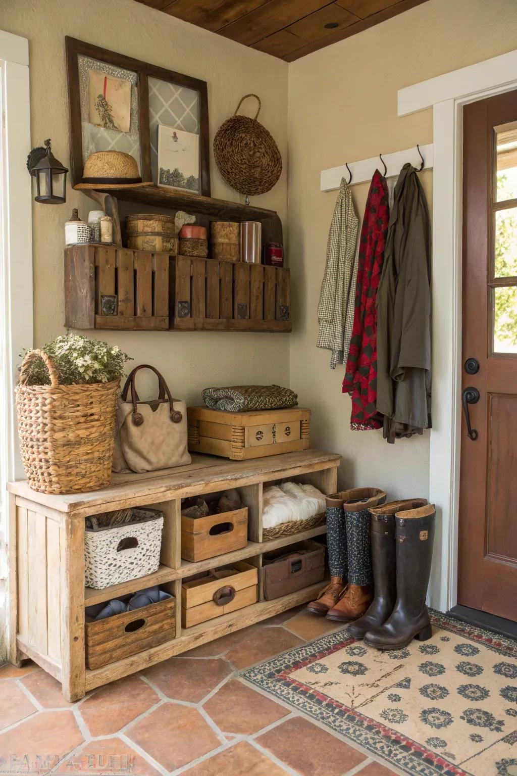 Repurposed vintage furniture offers charming footwear storage.