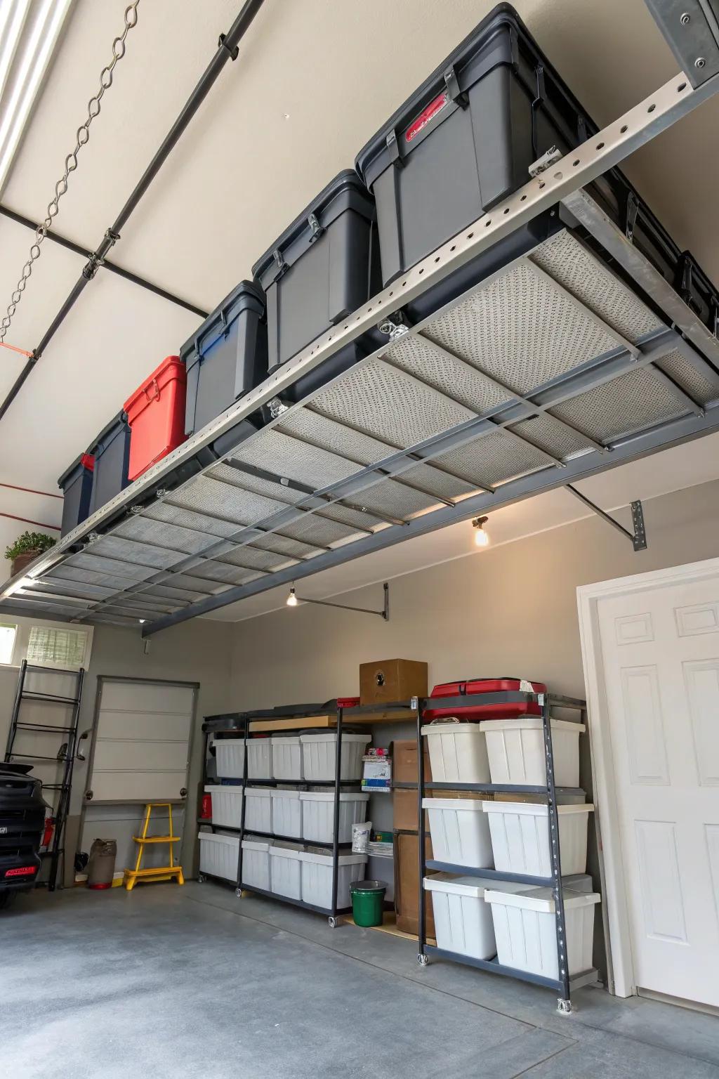 Overhead storage racks filled with storage bins.