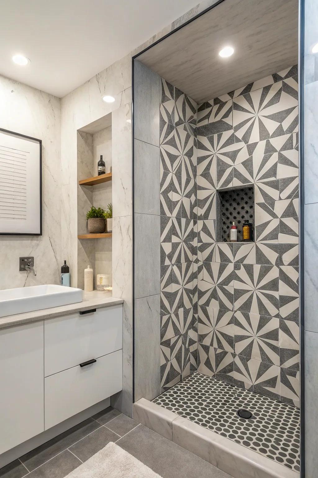 Geometric patterns bring a contemporary touch to a shower niche