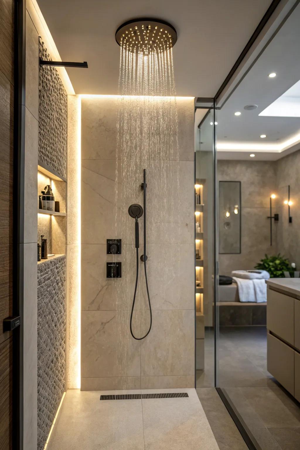 A washroom with highlight lighting to emphasize its design features.