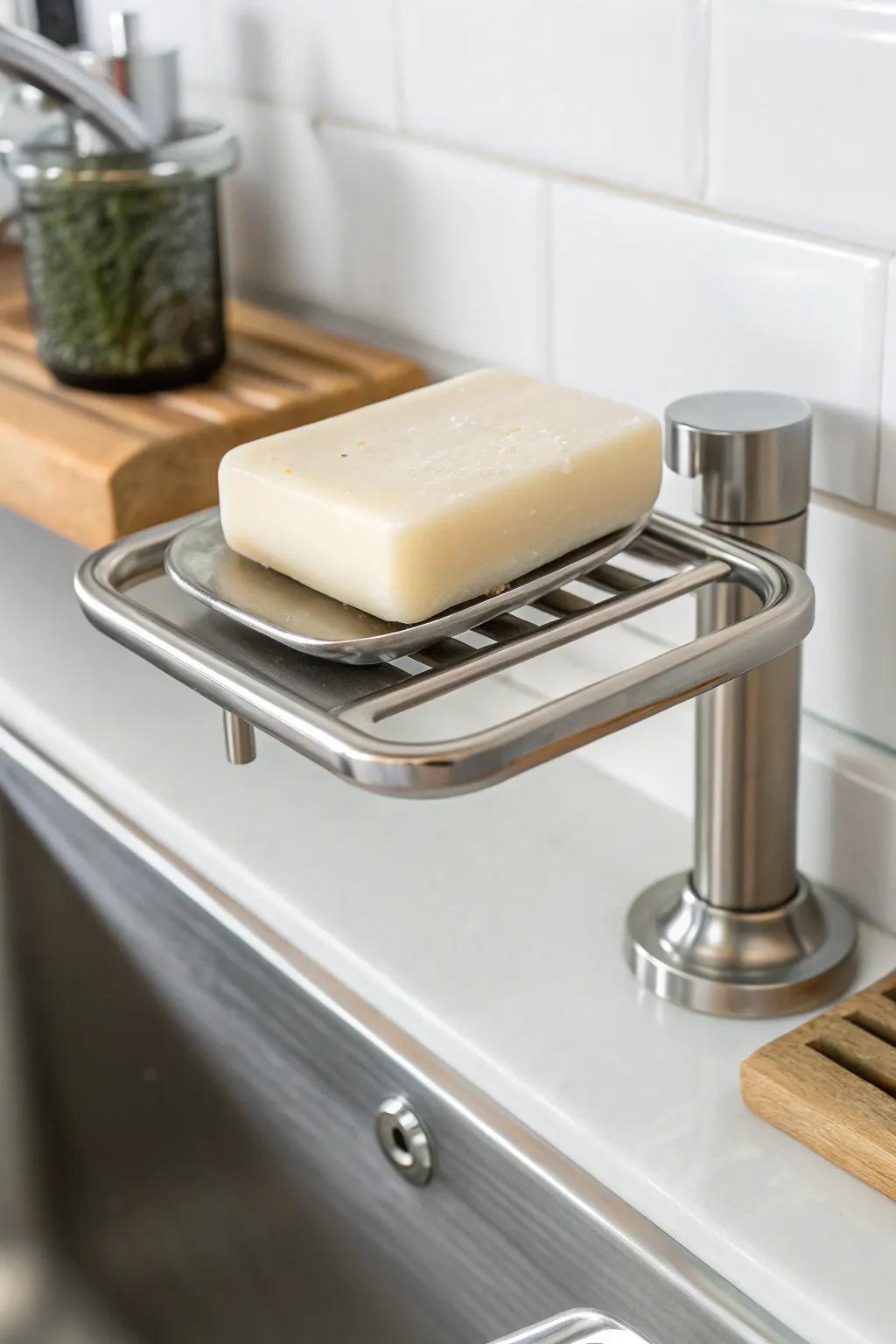 Magnetic holders keep soap bars dry and accessible.