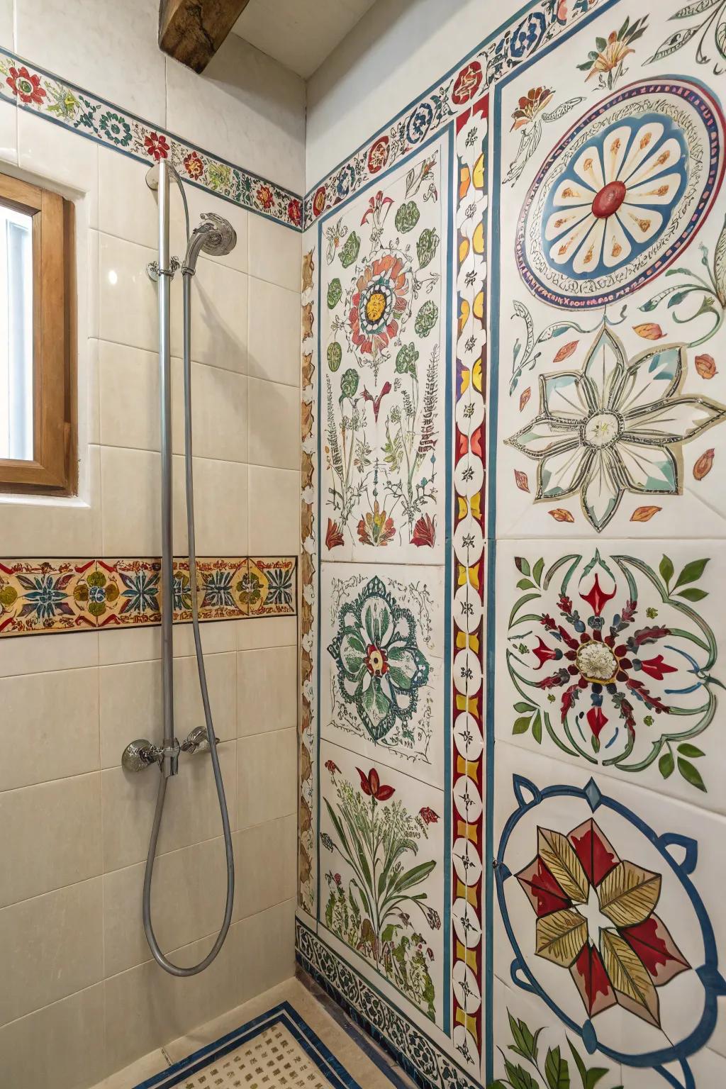 Manual decorated pieces bring artistry and singular charm to the shower.