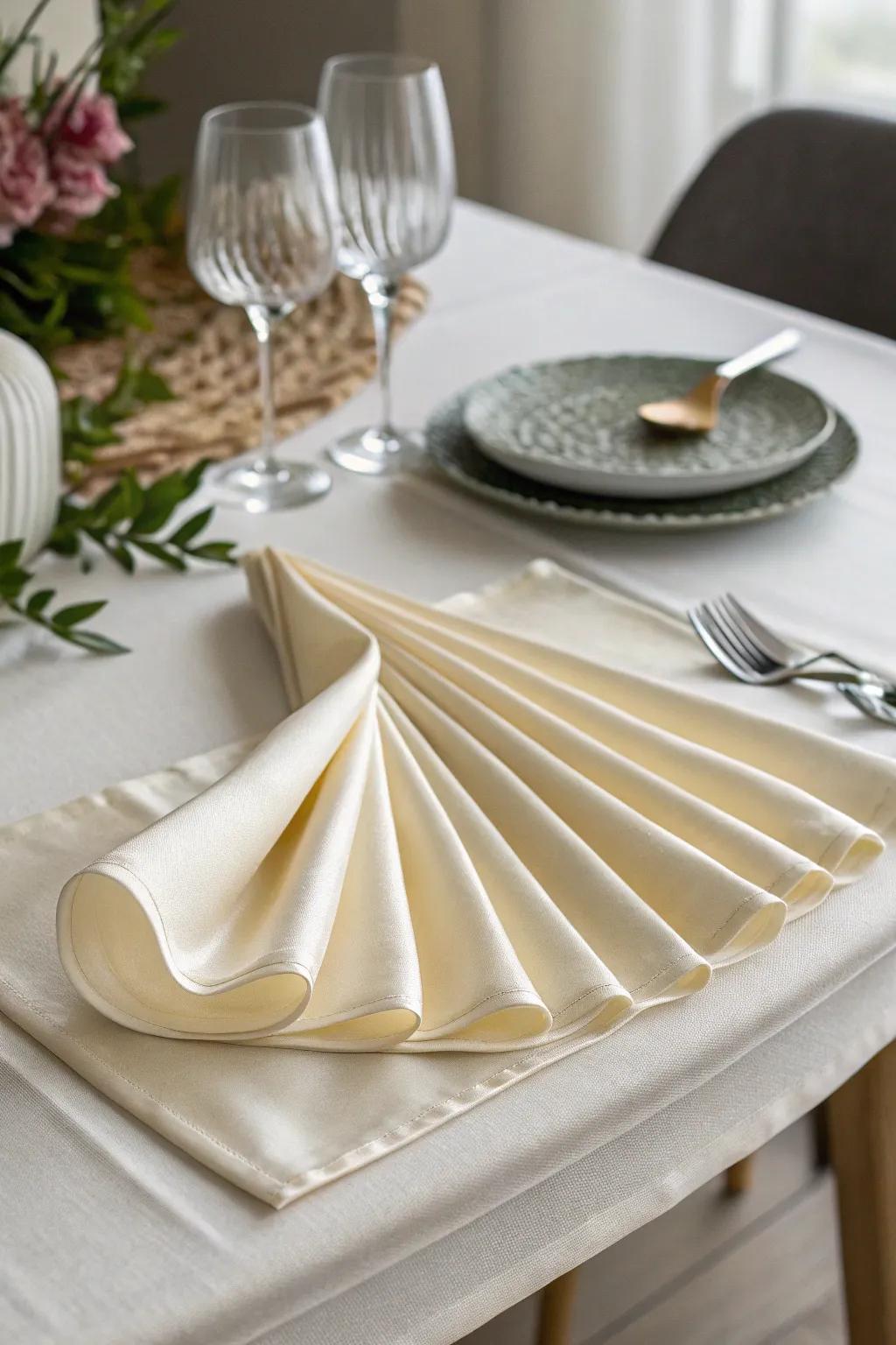 A silken cloth arranged into an accordion style, offering texture and modern class to your table.
