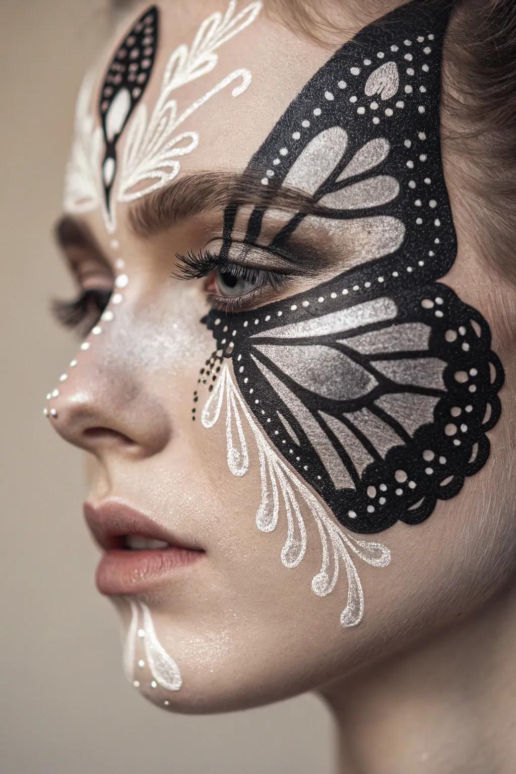 Embrace elegance with this monochrome butterfly face paint, where simplicity meets sophistication.