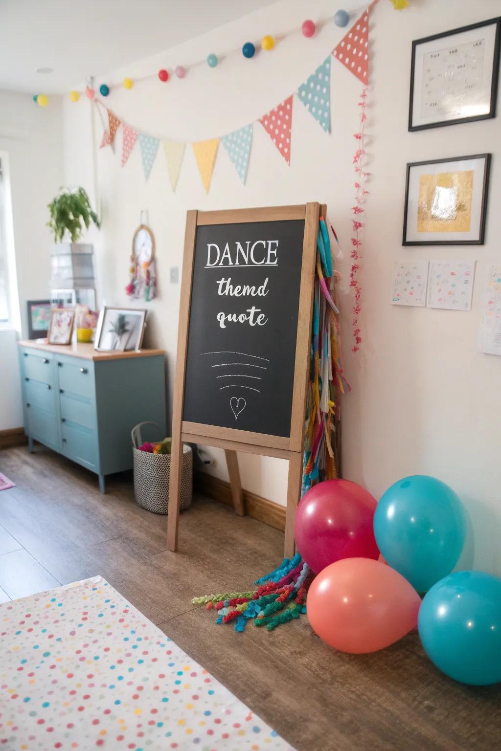 Playful chamber slate board featuring a dance-themed inscription.