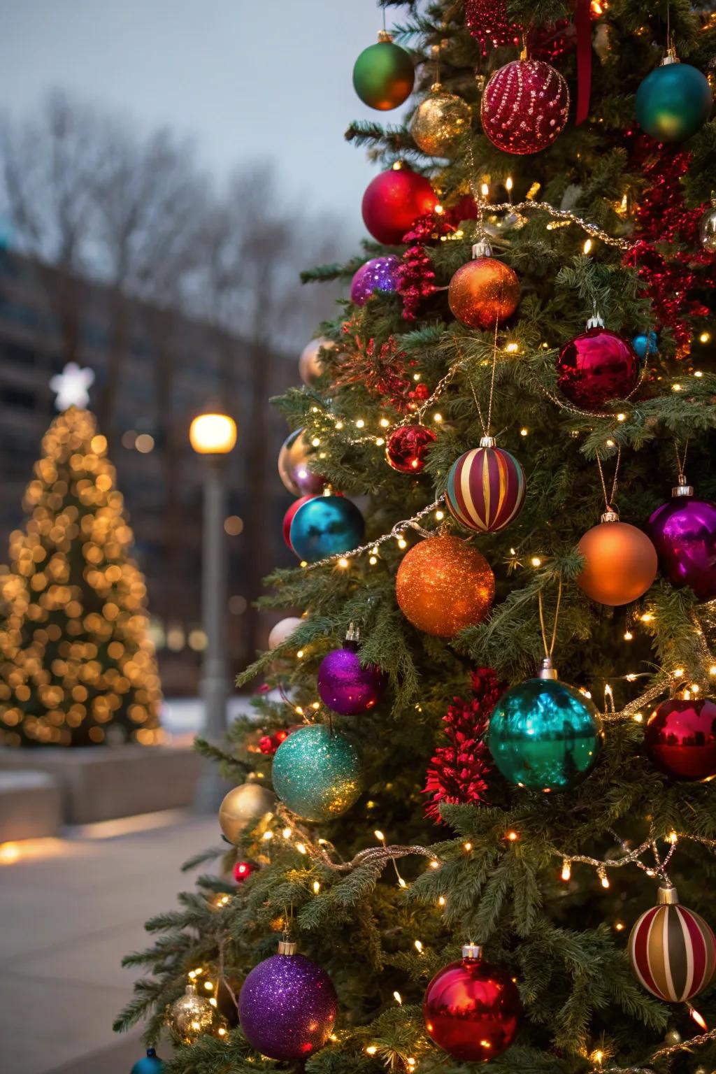 Maximalist decorations create a bold and joyful Christmas tree.