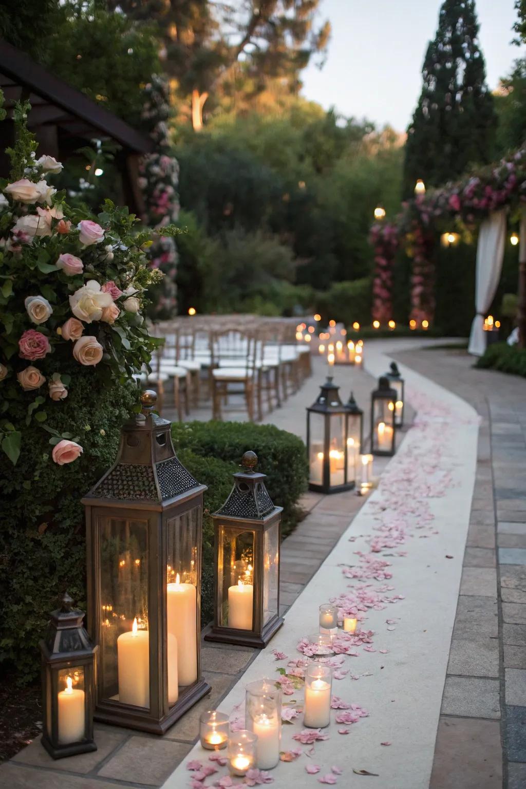 Lights lining pathways create a romantic and magical atmosphere.