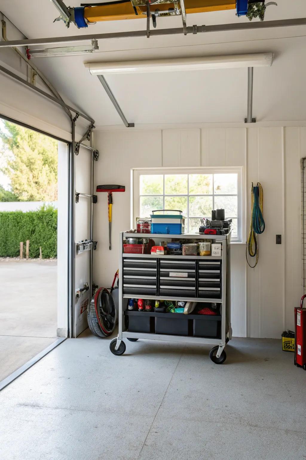 Rolling storage carts offer ease and versatility in the garage.