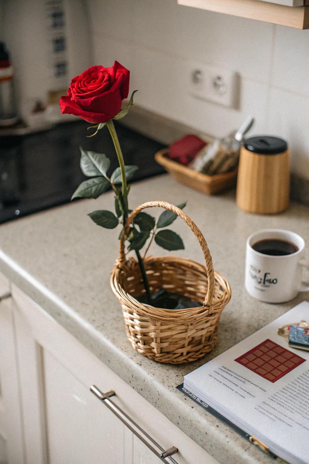 A woven container gives a natural setting to get an individual rose.