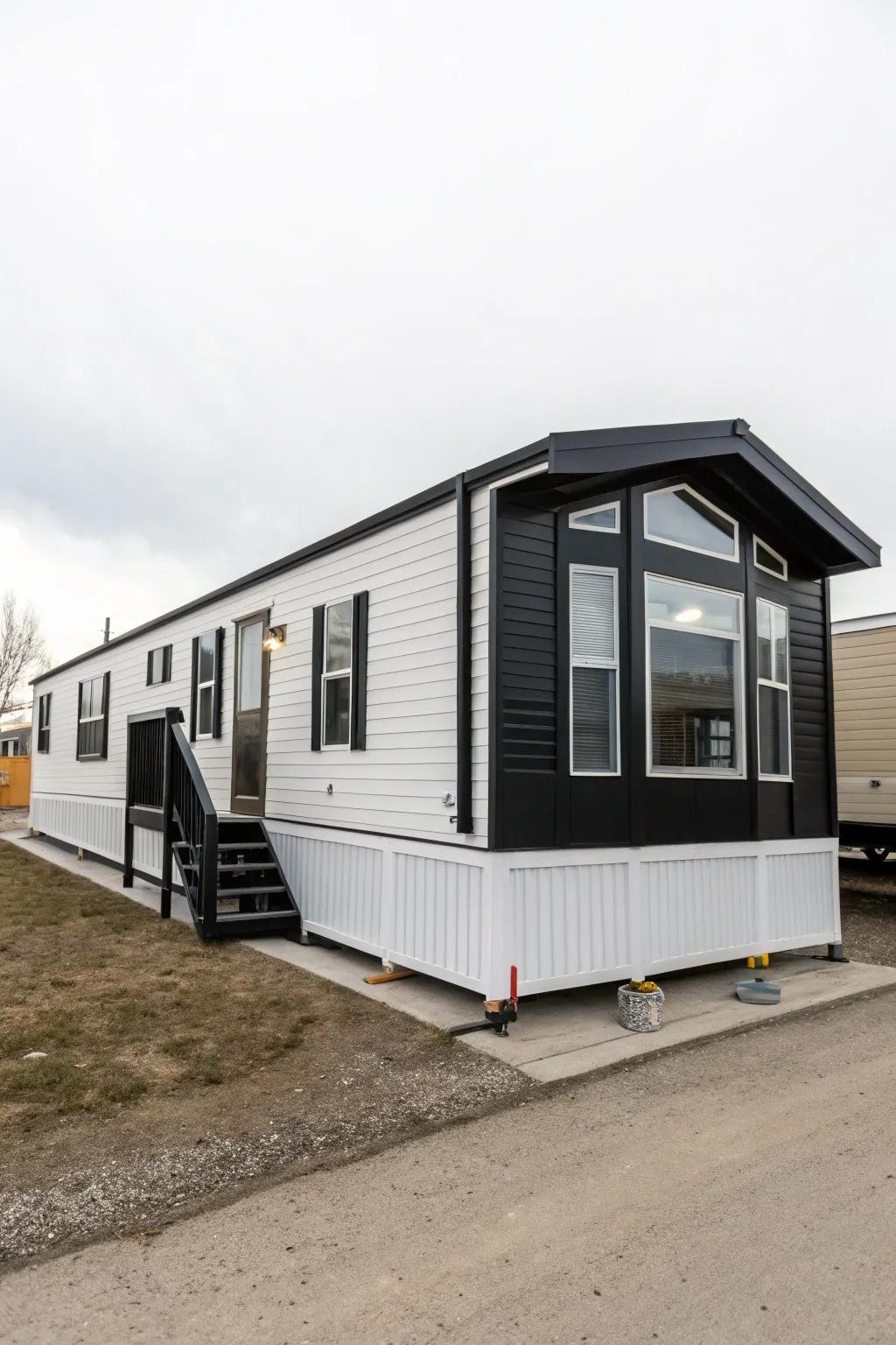 Crisp black and white fashion a striking, modern aesthetic for your mobile home.