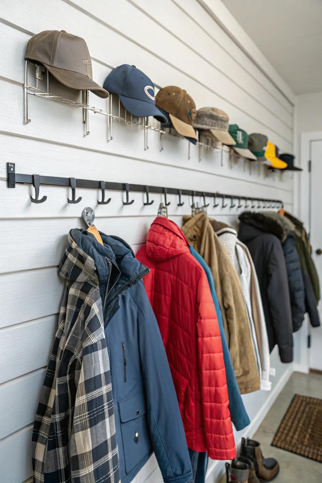 Coat hooks on a panel-track keep outerwear organized and accessible.