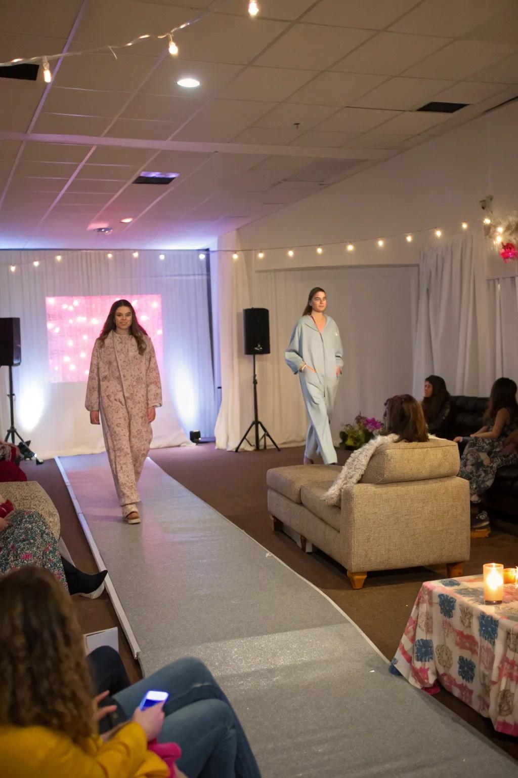 Walk the runway stylishly through a playful nightwear vogue display.