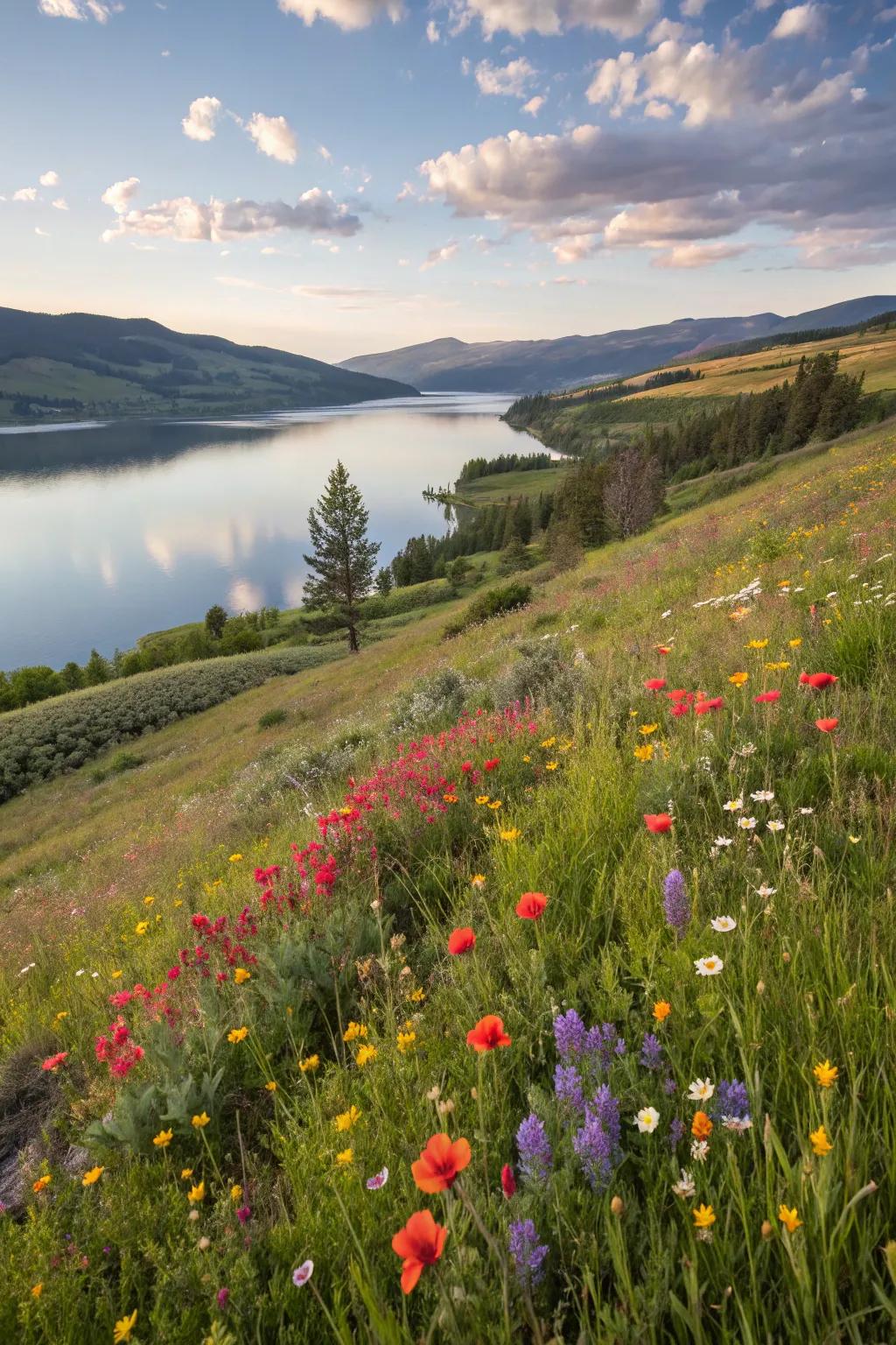 Vibrant wild blooms bring life and color to the lakeside landscape.
