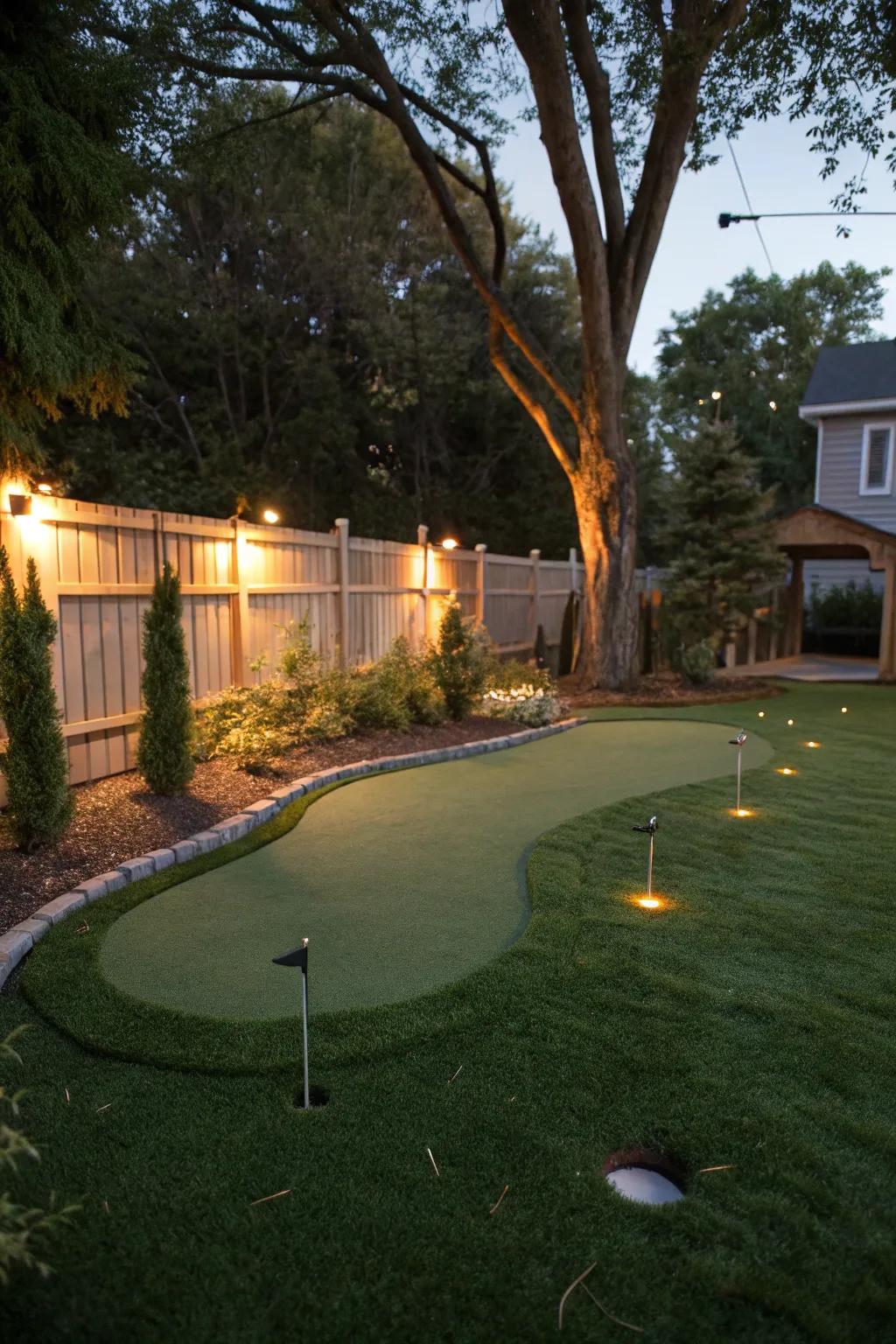 A backyard putting green exquisitely illuminated for evening delight.