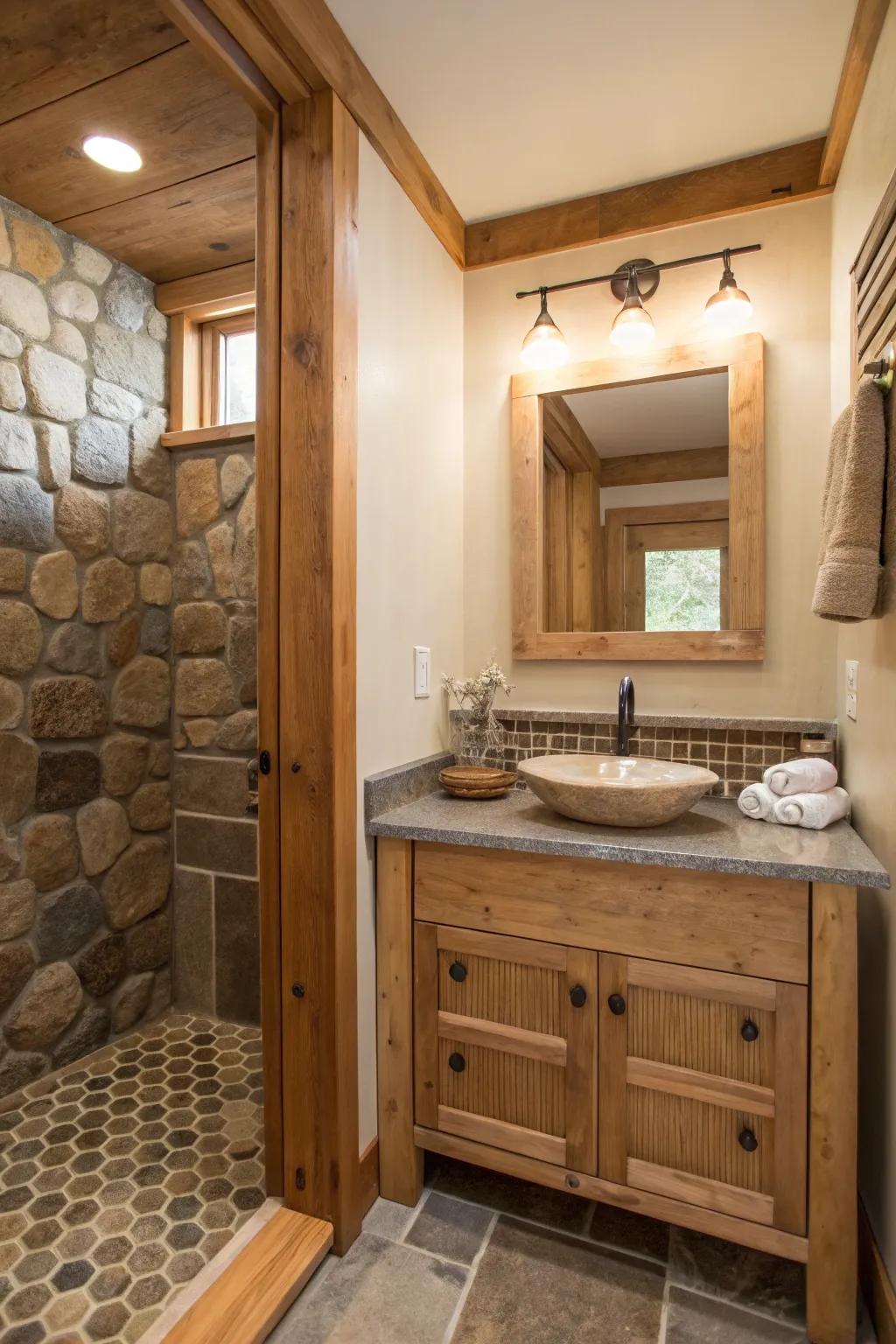 Natural materials create a welcoming atmosphere in a compact bathroom.