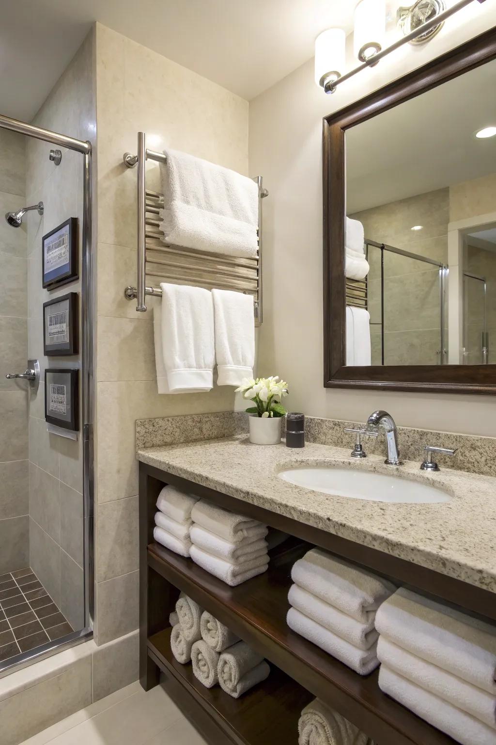 Versatile storage using adjustable towel bars.