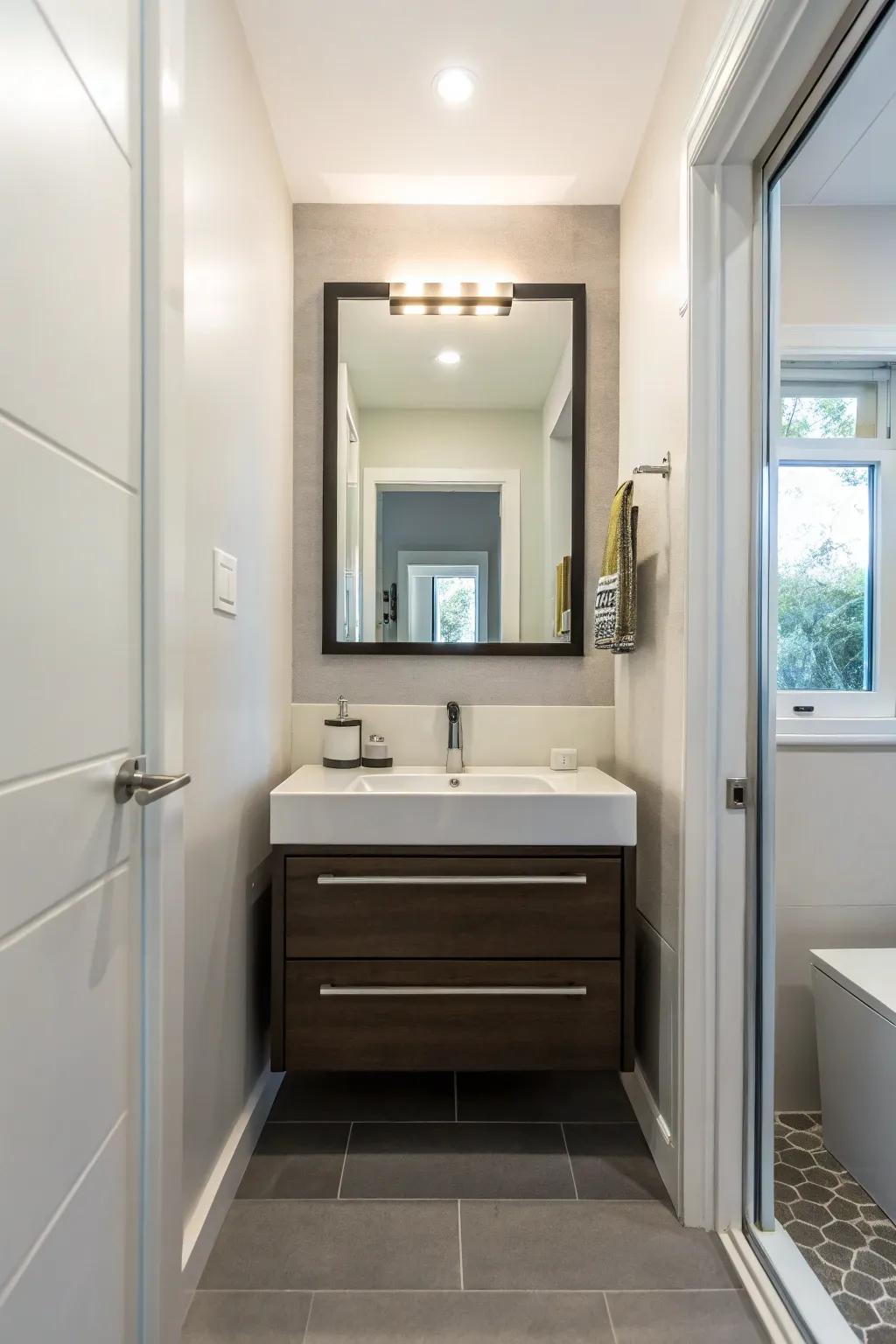 An attached-to-wall organizer that saves space and adds a modern touch to a small bathroom.