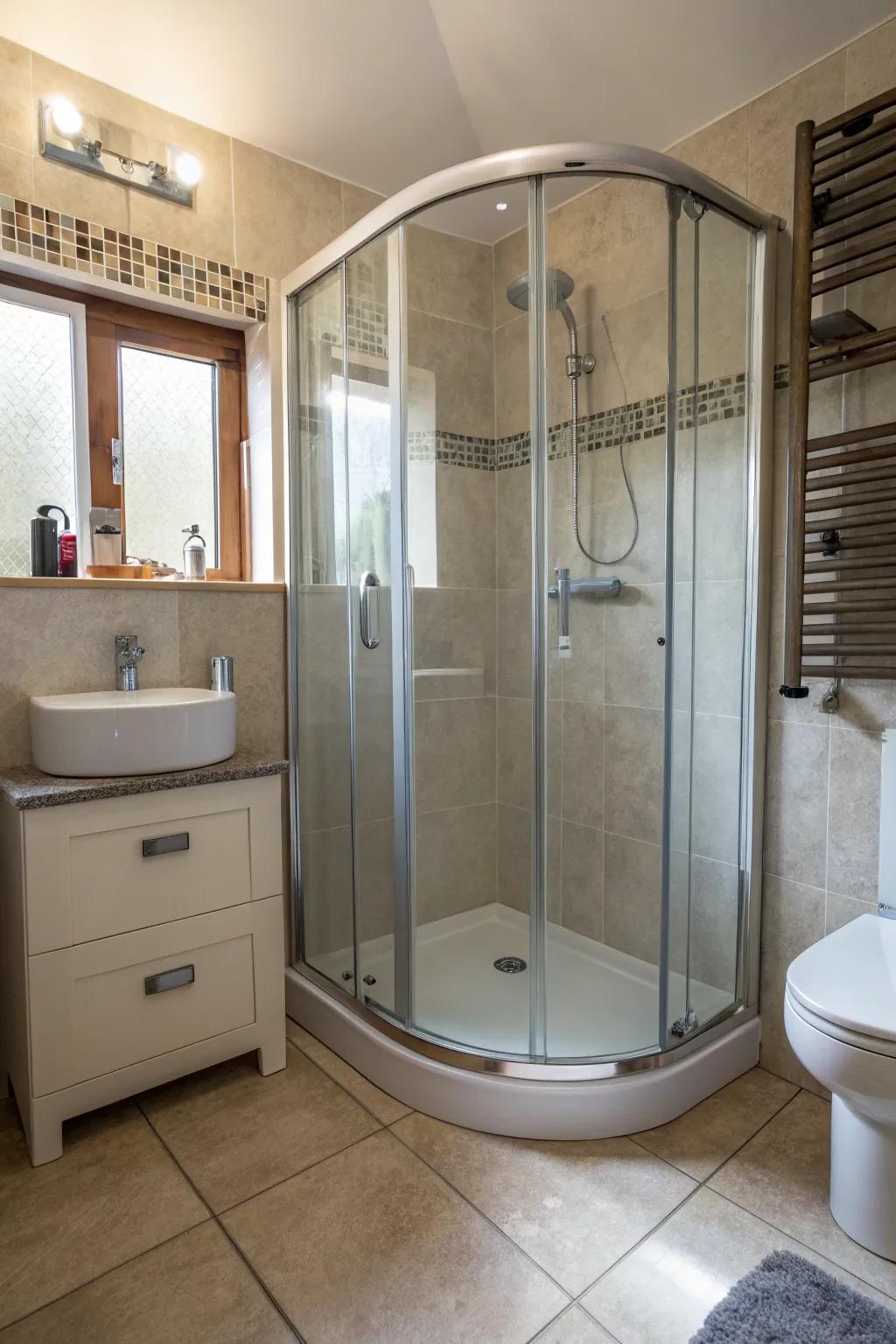 Curved frameworks add softness and flow to the washroom design.