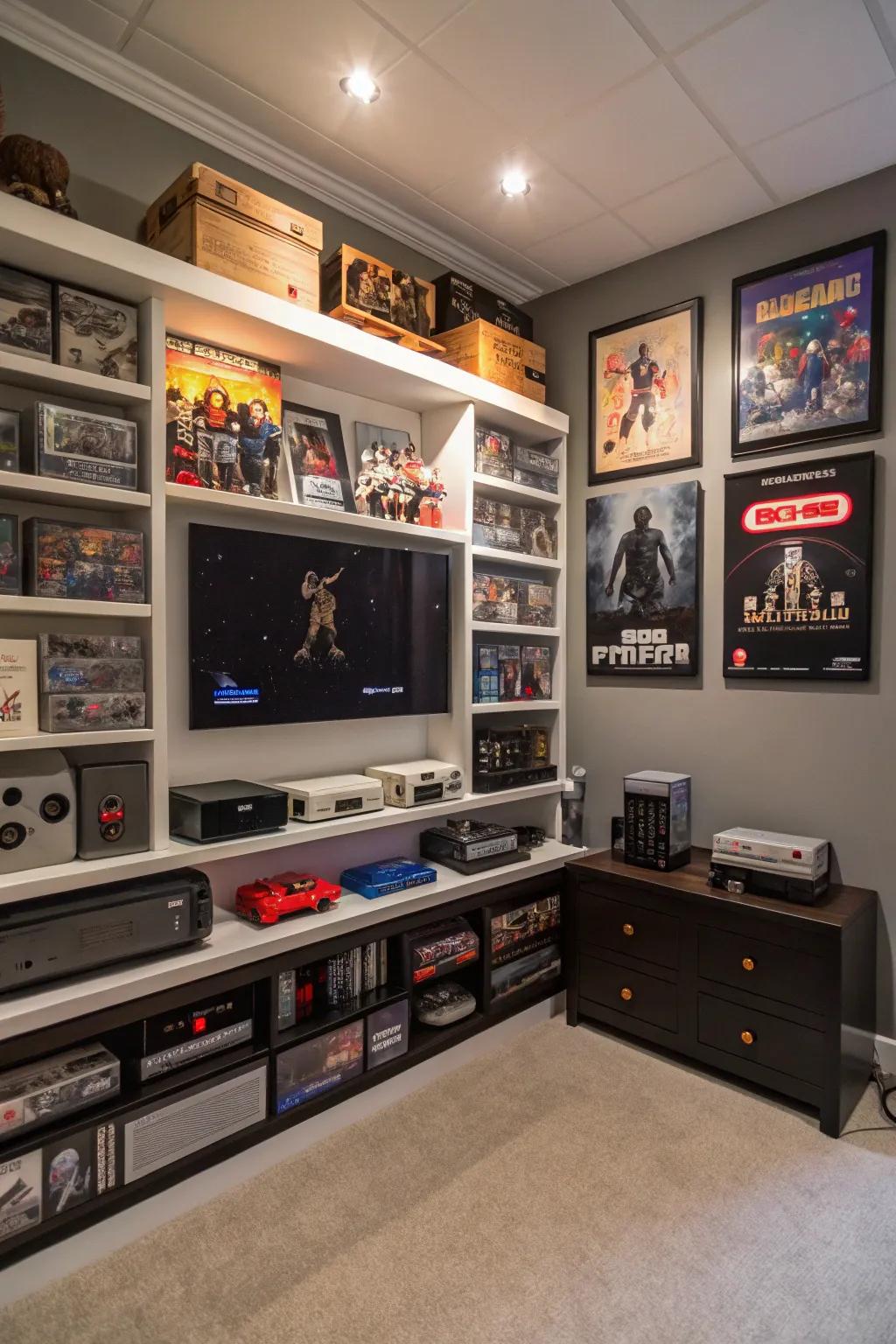 Custom shelving is a chic way to highlight your gaming treasures.