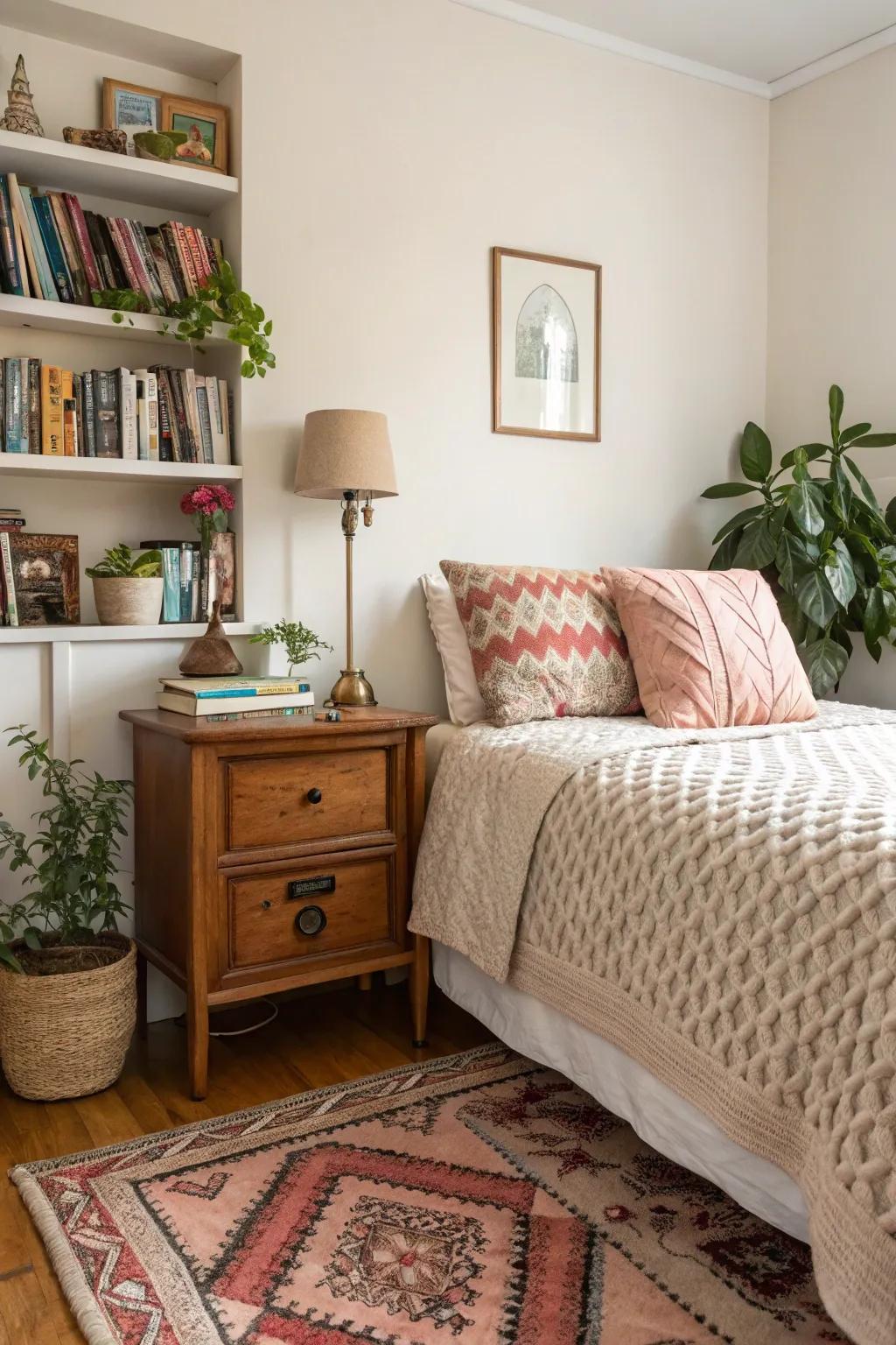 A compact bedroom that makes effective use of texture to increase visual interest.