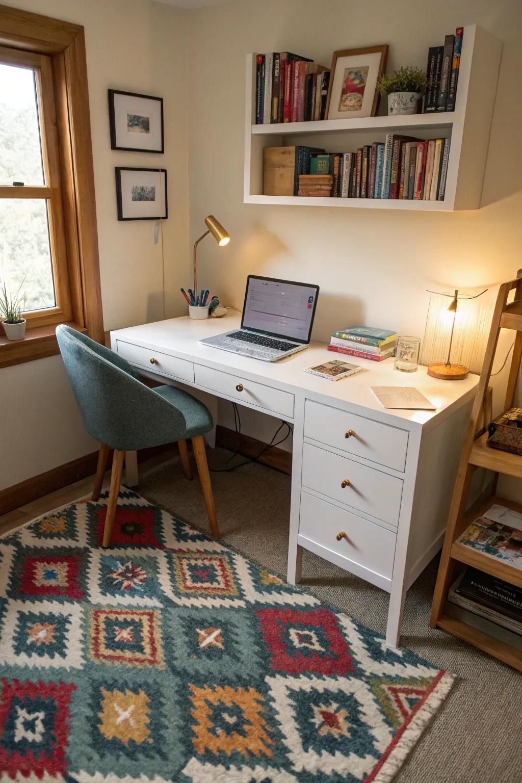 Patterned rugs enhance the workspace and set it apart.