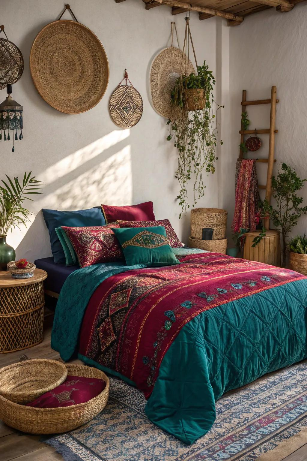 Vibrant bedding renders the bed a focal aspect across this boho bedroom