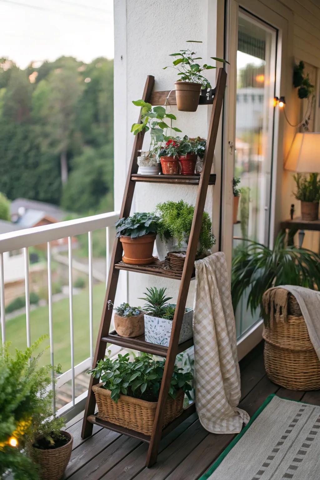 A ladder shelf maximizing vertical area on a compact deck.