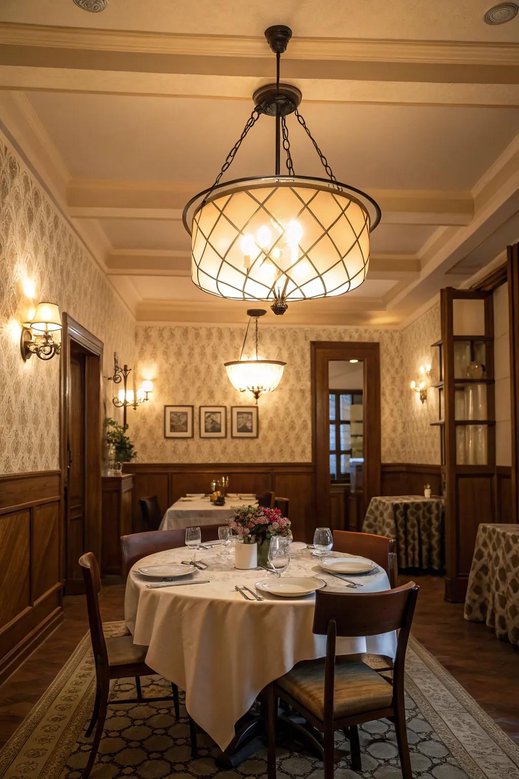 Equilibrated illumination forges a composed and elegant dining room.