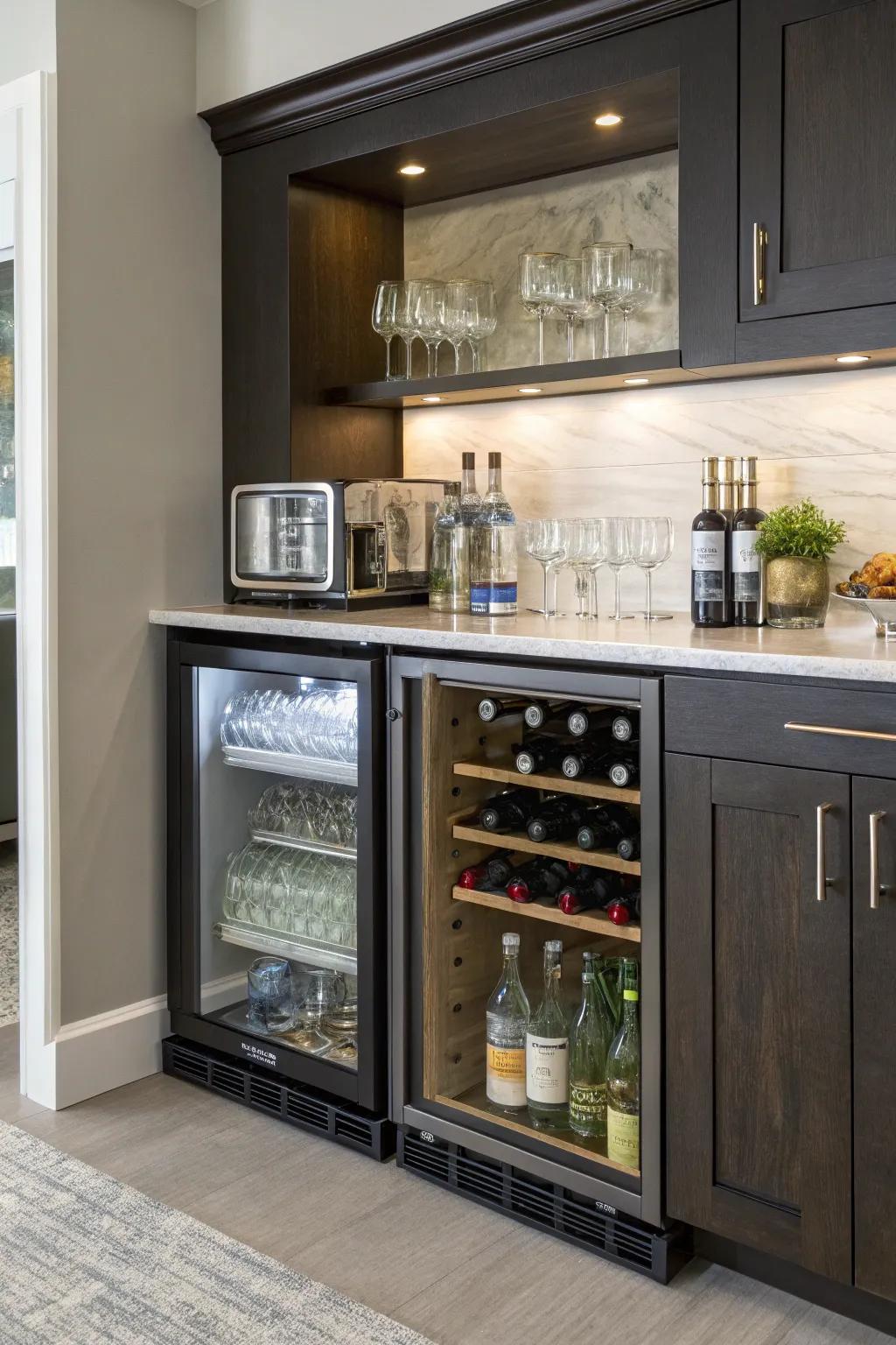 A beverage cooler brings practicality to a refreshment station.