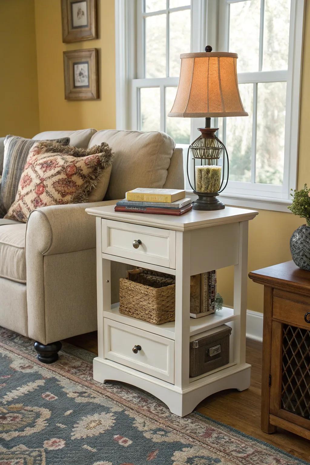 A compact end table with storage keeps the living room tidy.