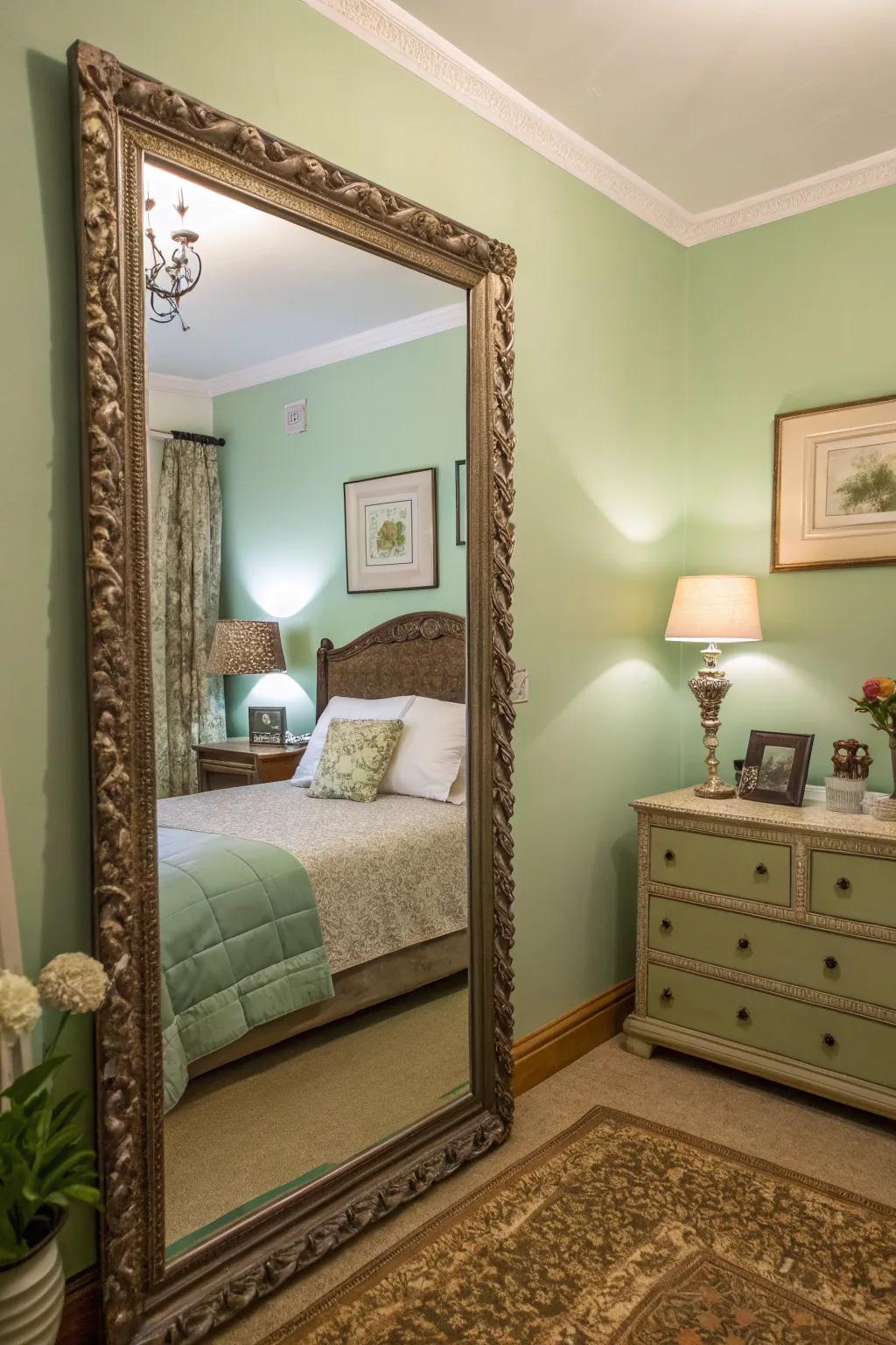 Mirrors amplify space and complement the green theme.