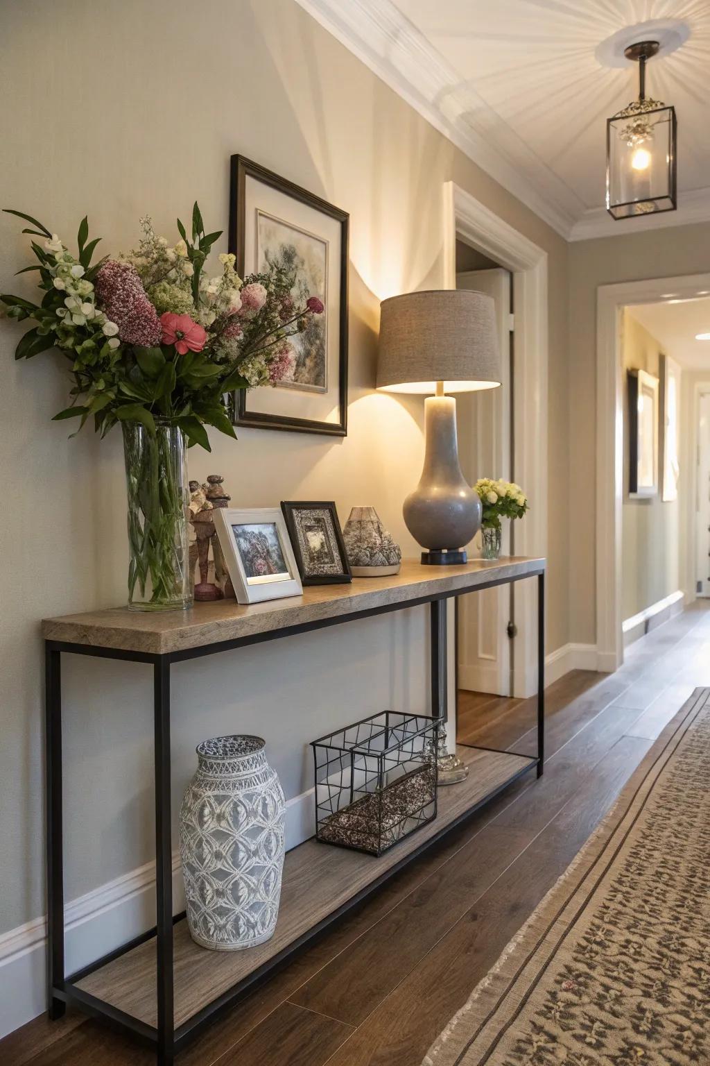 A console table enhances both design and practicality in a small hallway.