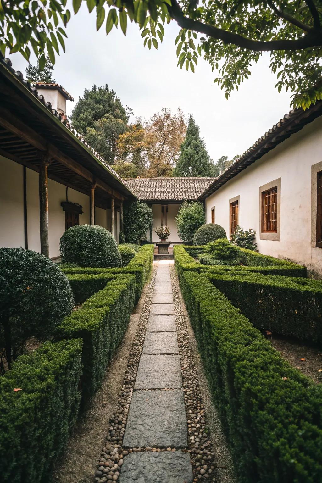 Green fences fashioning a cozy courtyard enclosure.