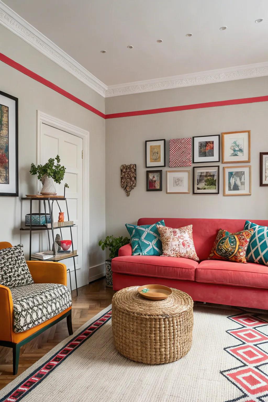 A compact living space showcasing contrasting trim for boldness.