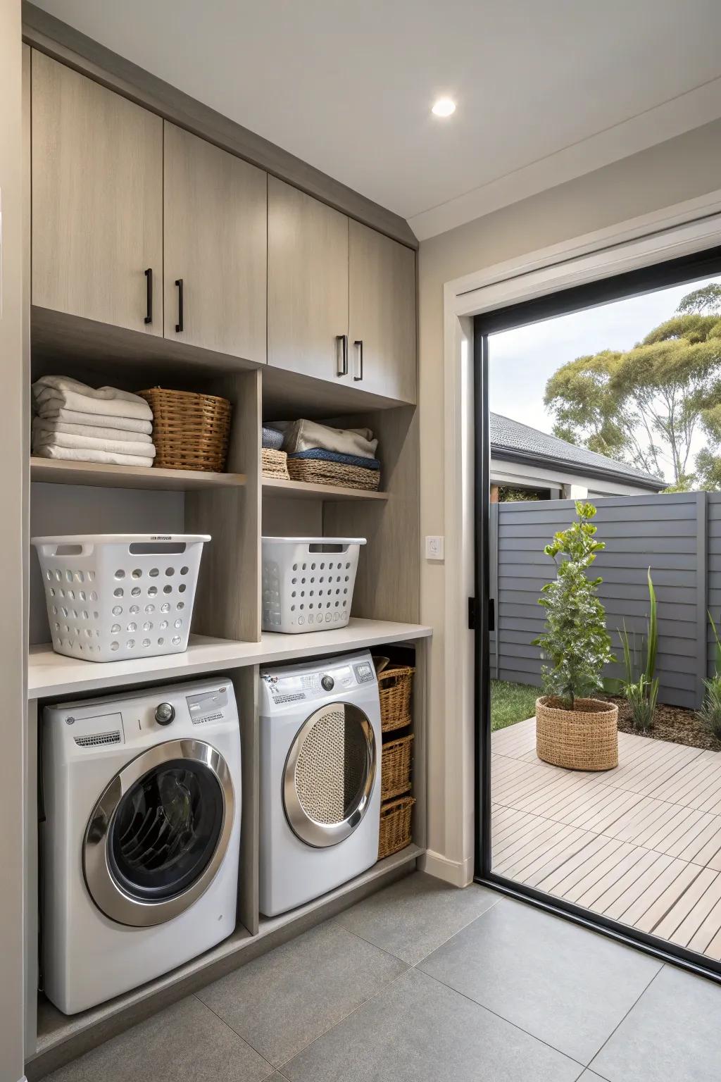 Built-in hampers offer covert storage for soiled laundry.