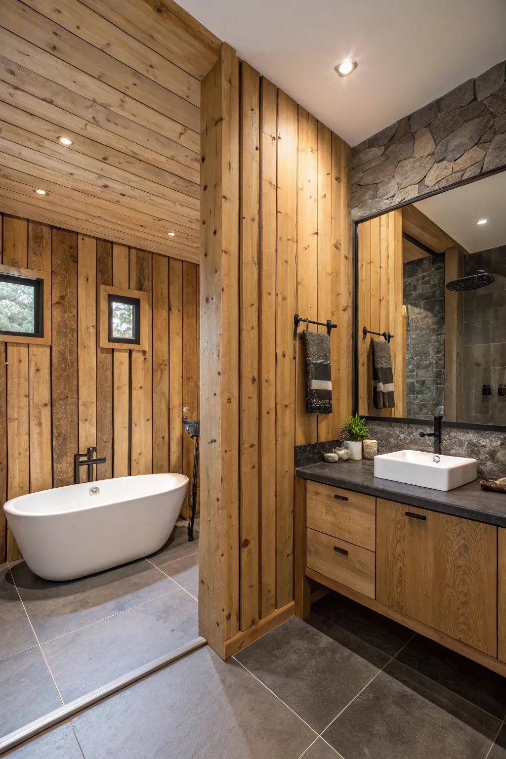 Vertical cladding adds elegance to a rustic bathroom.