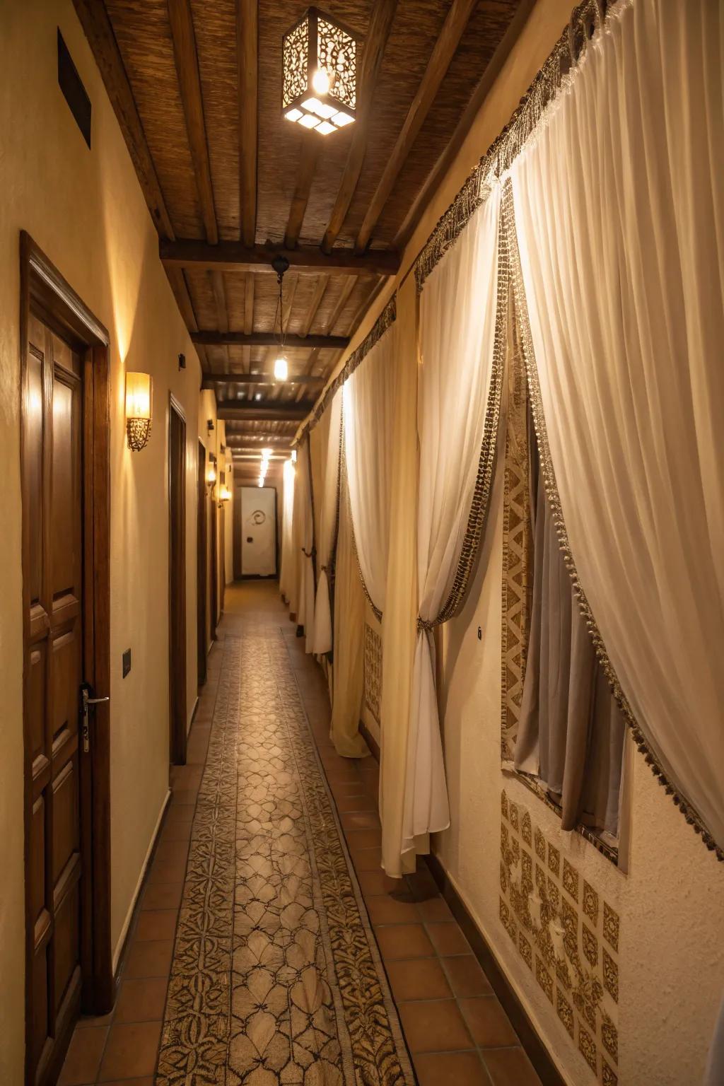 Window coverings can add texture and warmth to your slender passageway.