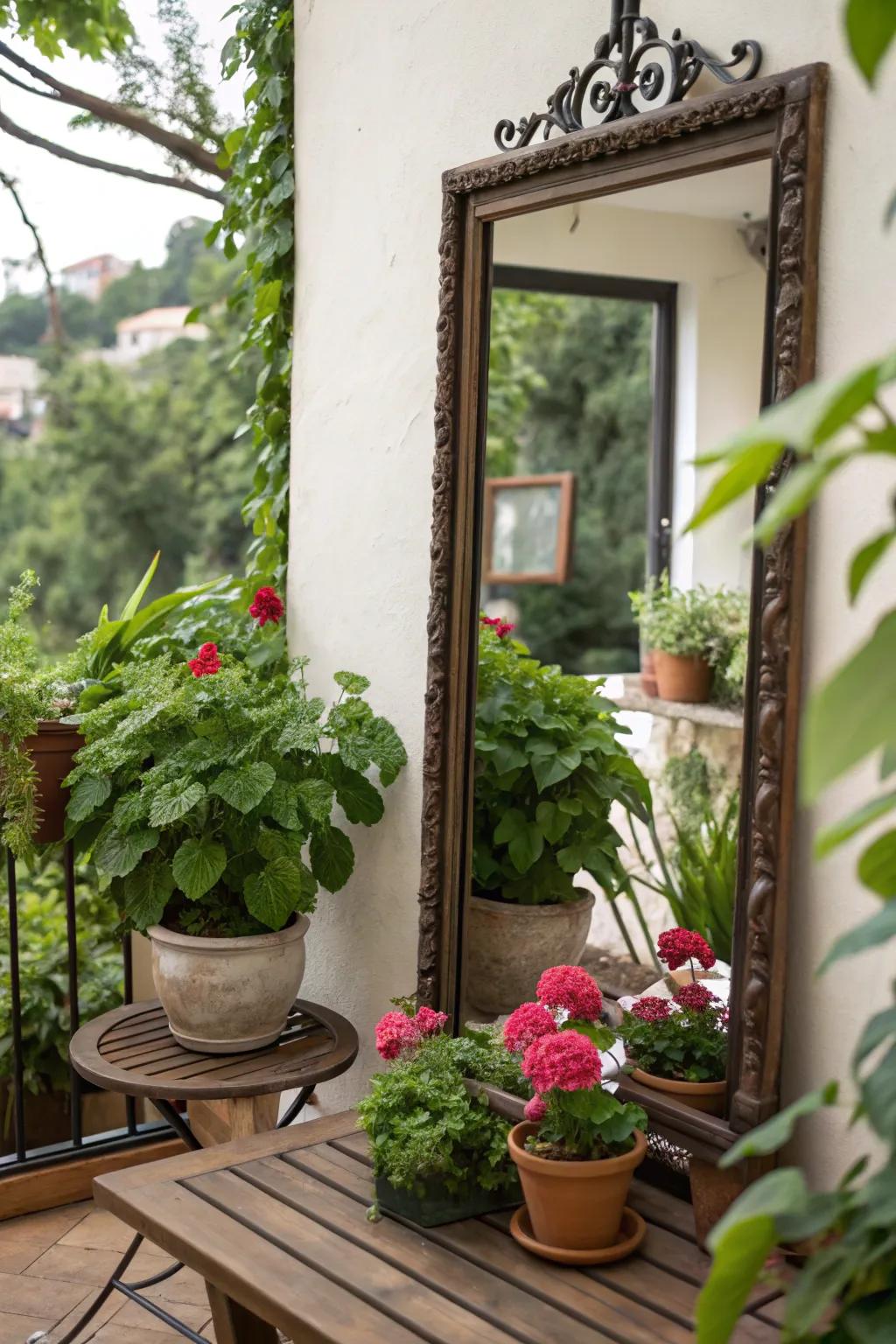 A mirror enhances the visual space of a small patio.