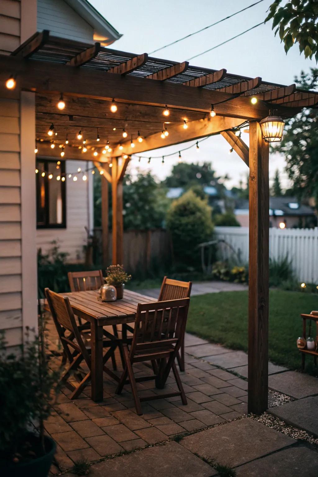 A dining alcove beneath a canopy presents a charming spot for outdoor meals.