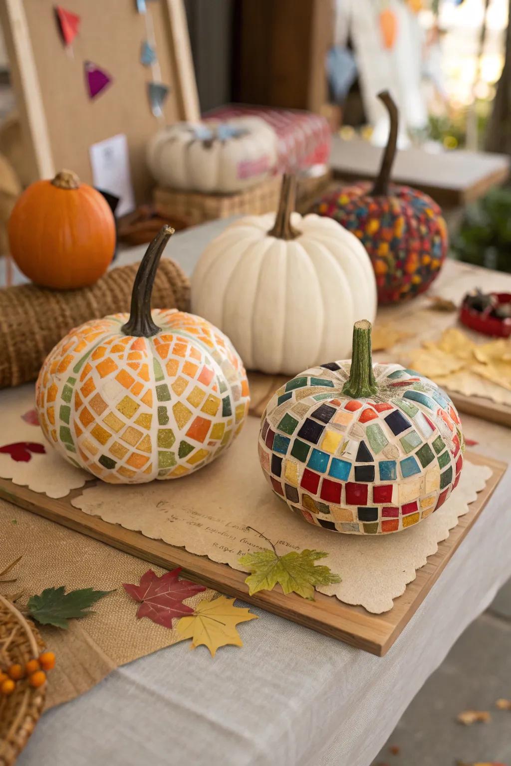 Fall displays with mosaic pumpkins gives off a textured, artistic vibe.